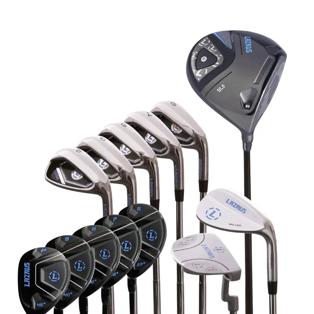 Lazrus 8-piece golf club set including driver, irons, wedges, and putter with black and silver design
