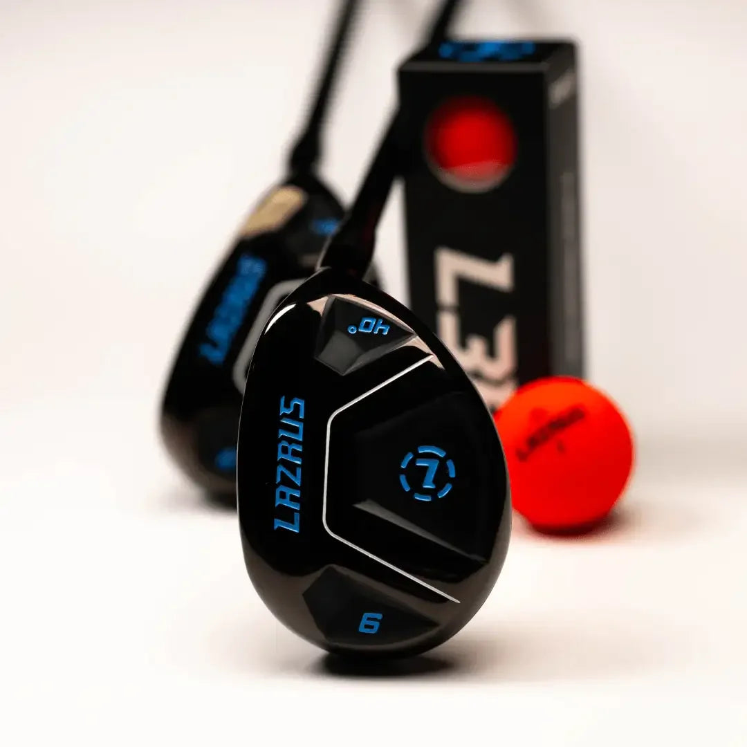 Lazrus black 6 hybrid golf club with blue accents, Lazrus golf ball and packaging in background