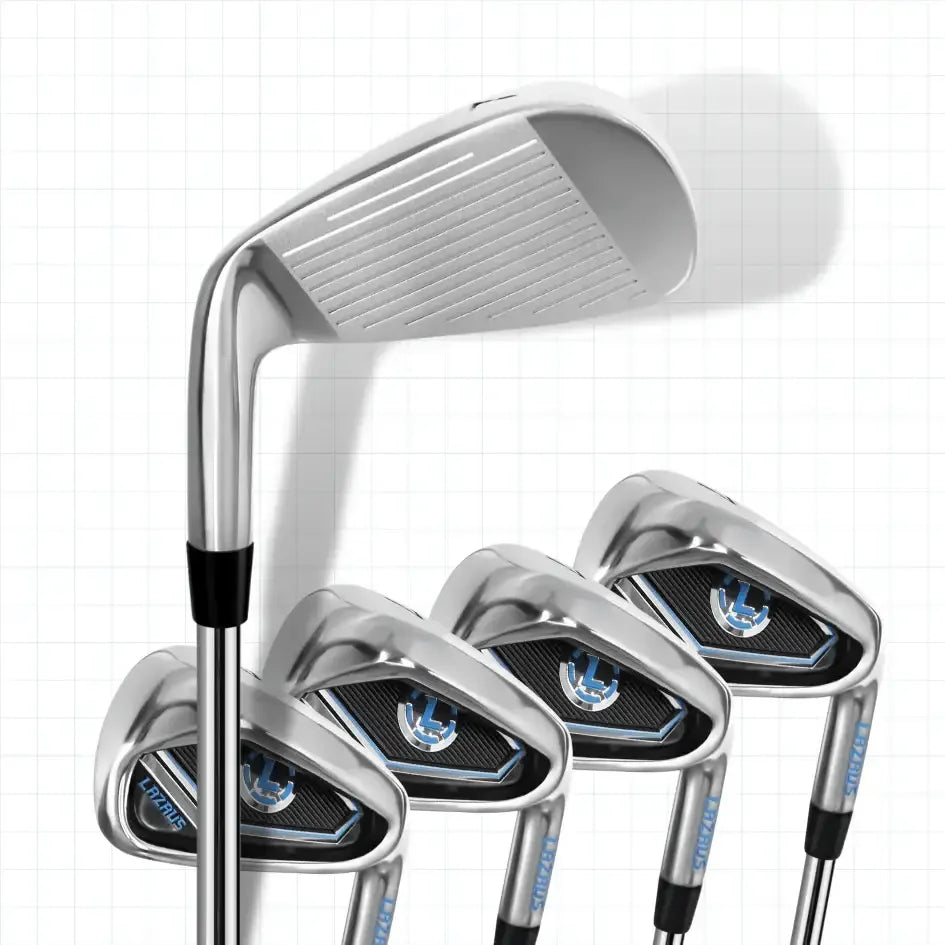 Set of five Lazrus silver golf irons with black and blue detailing on white grid background
