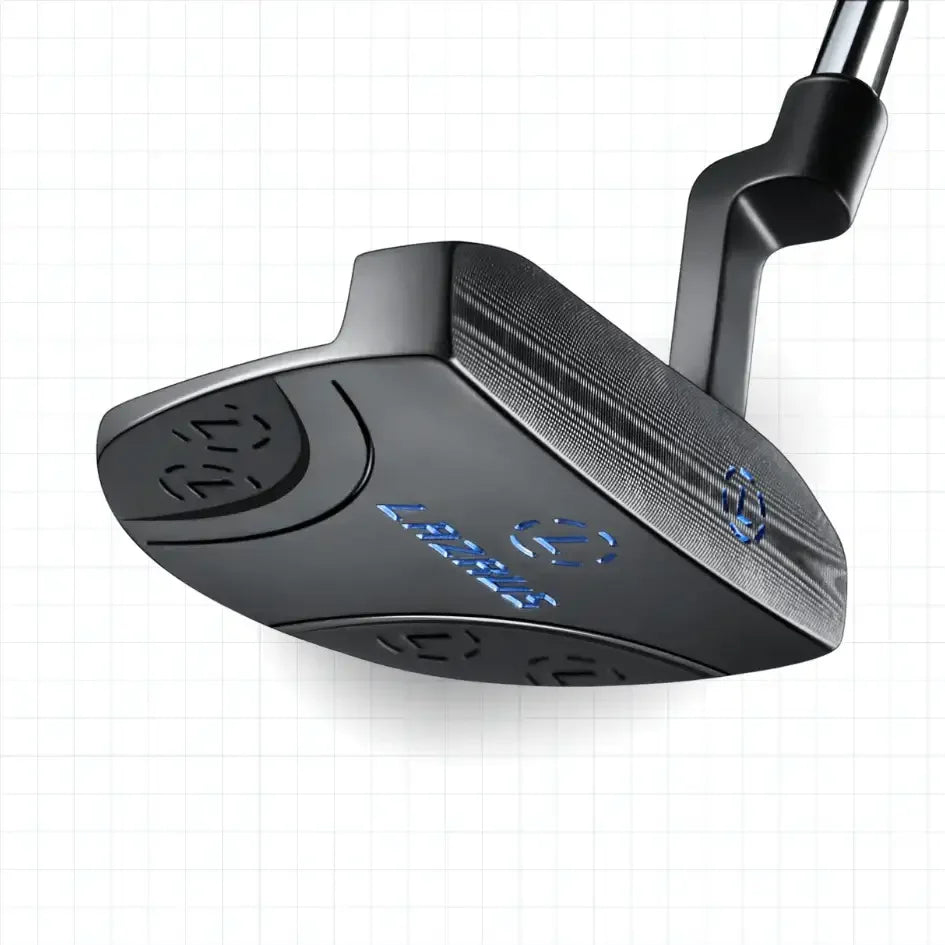 Close-up of black Lazrus golf putter head with blue logo on white grid background