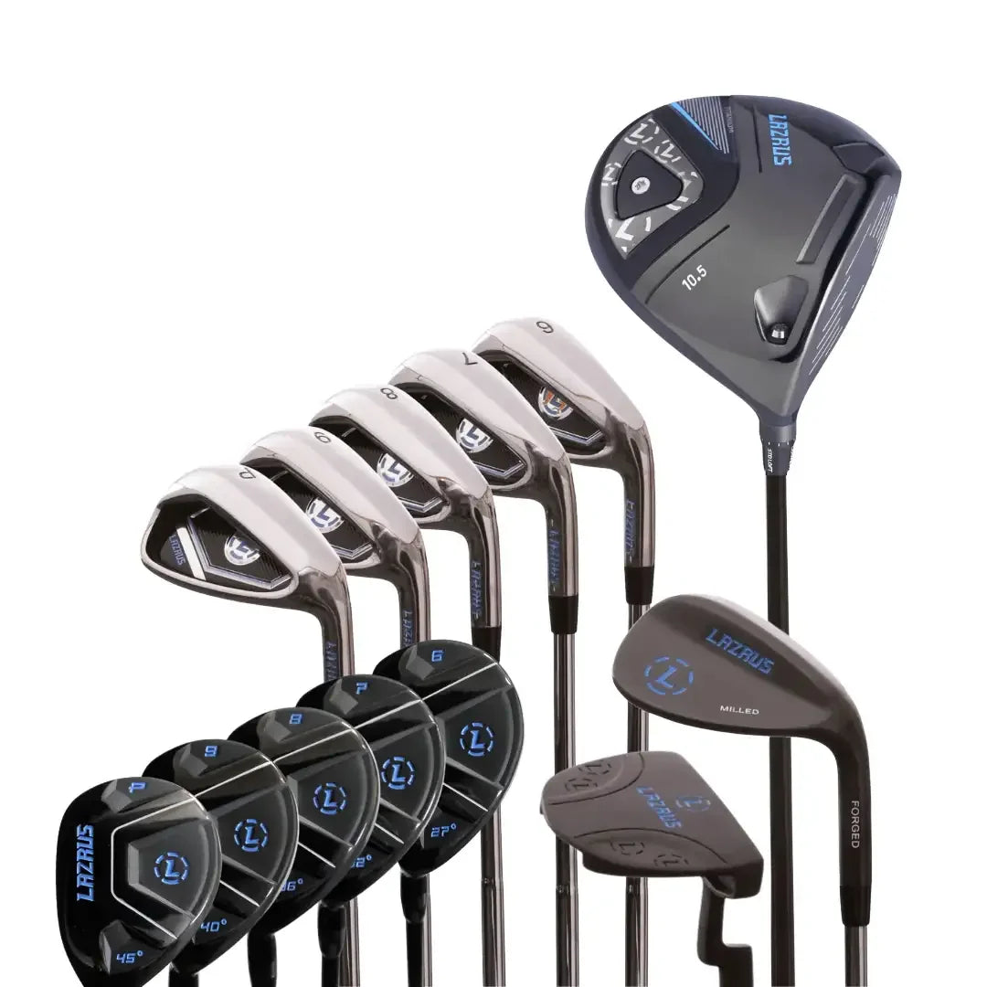 Lazrus 8-piece golf club set with driver, irons, wedges, and putter in black and silver