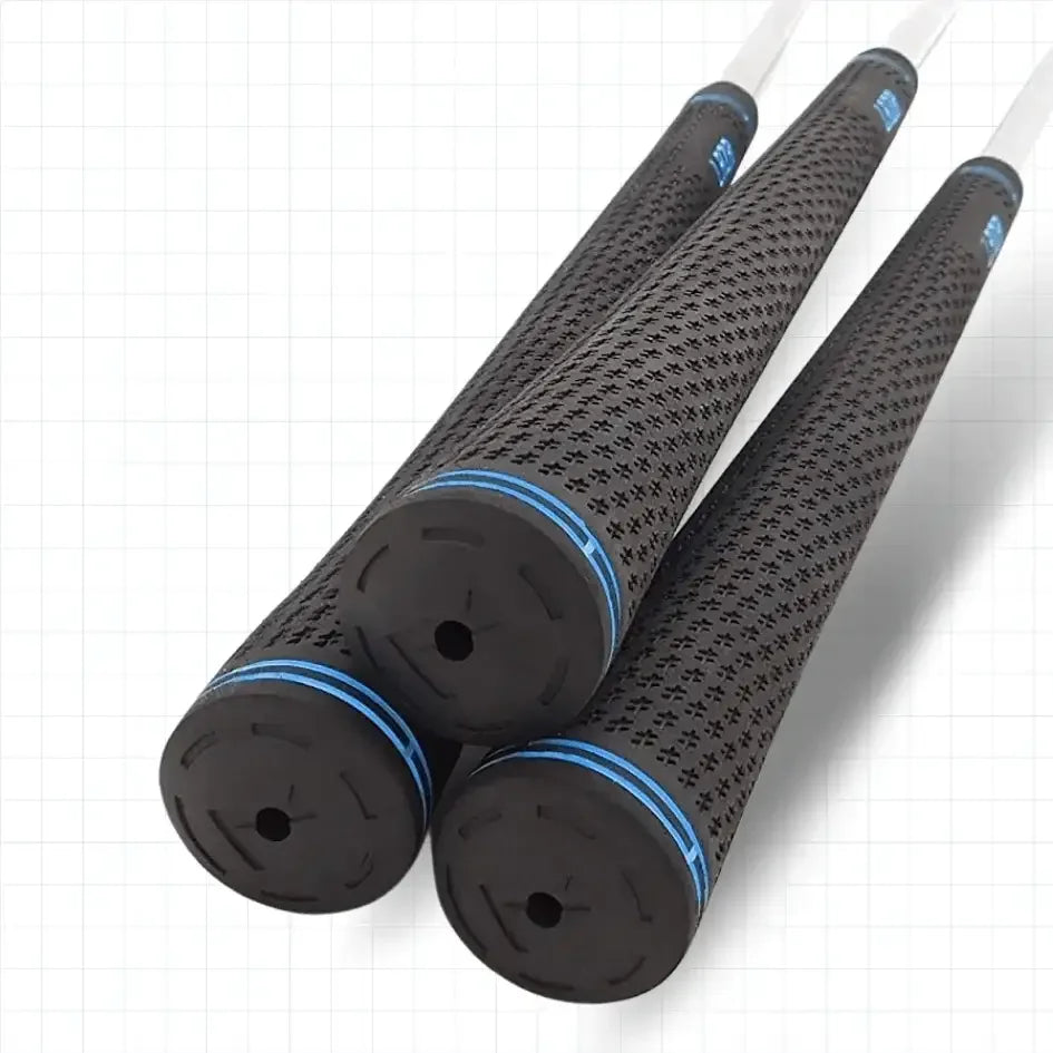 Close-up of three black golf club grips with blue rings on white grid background
