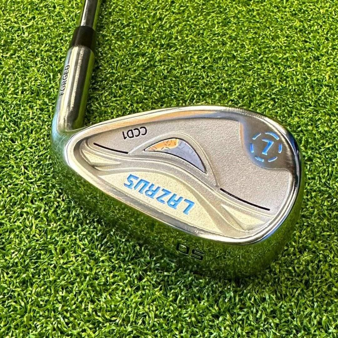 Lazrus forged cavity back golf wedge club with 50° loft on green grass