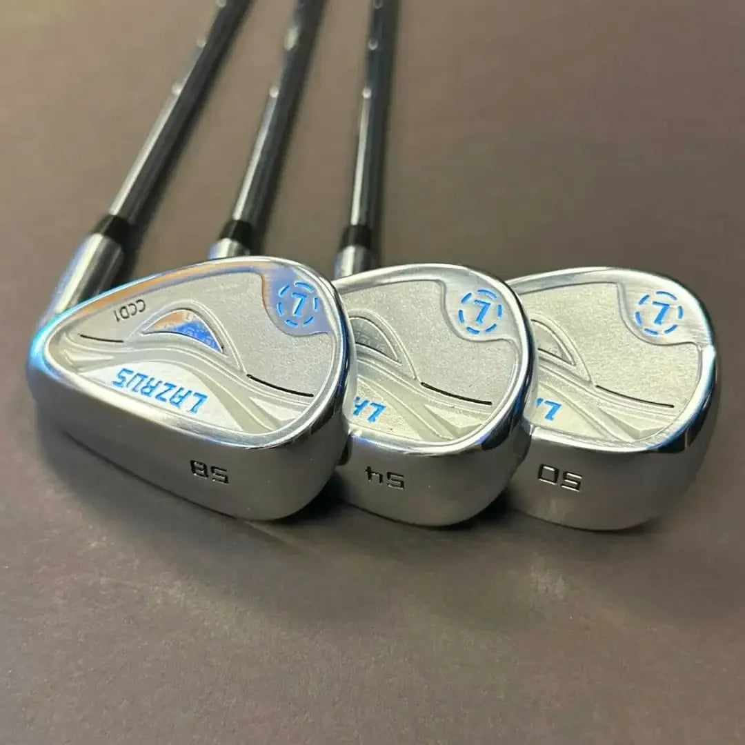 Three Lazrus forged cavity back golf wedges with lofts 58, 54, and 50 degrees on a gray surface