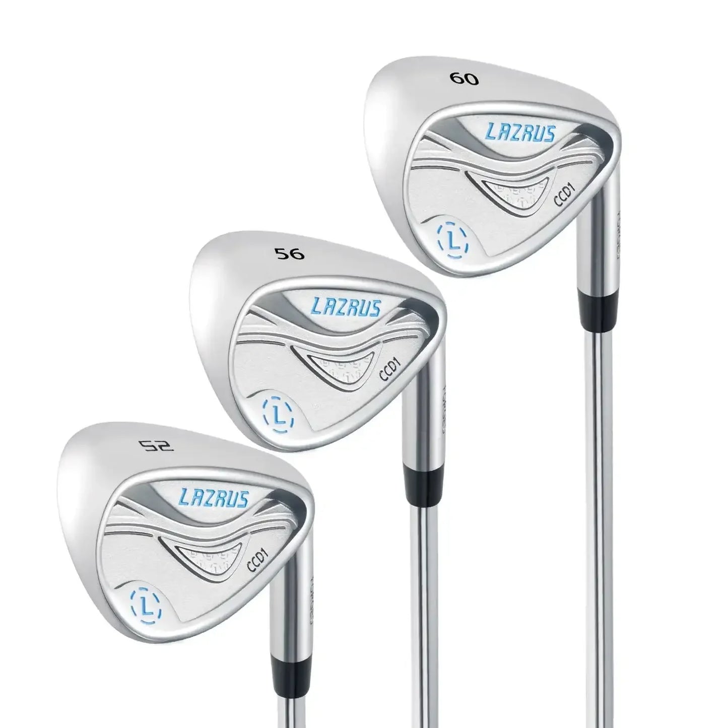 Three Lazrus forged golf cavity back wedges with lofts 52, 56, and 60 degrees shown against white background