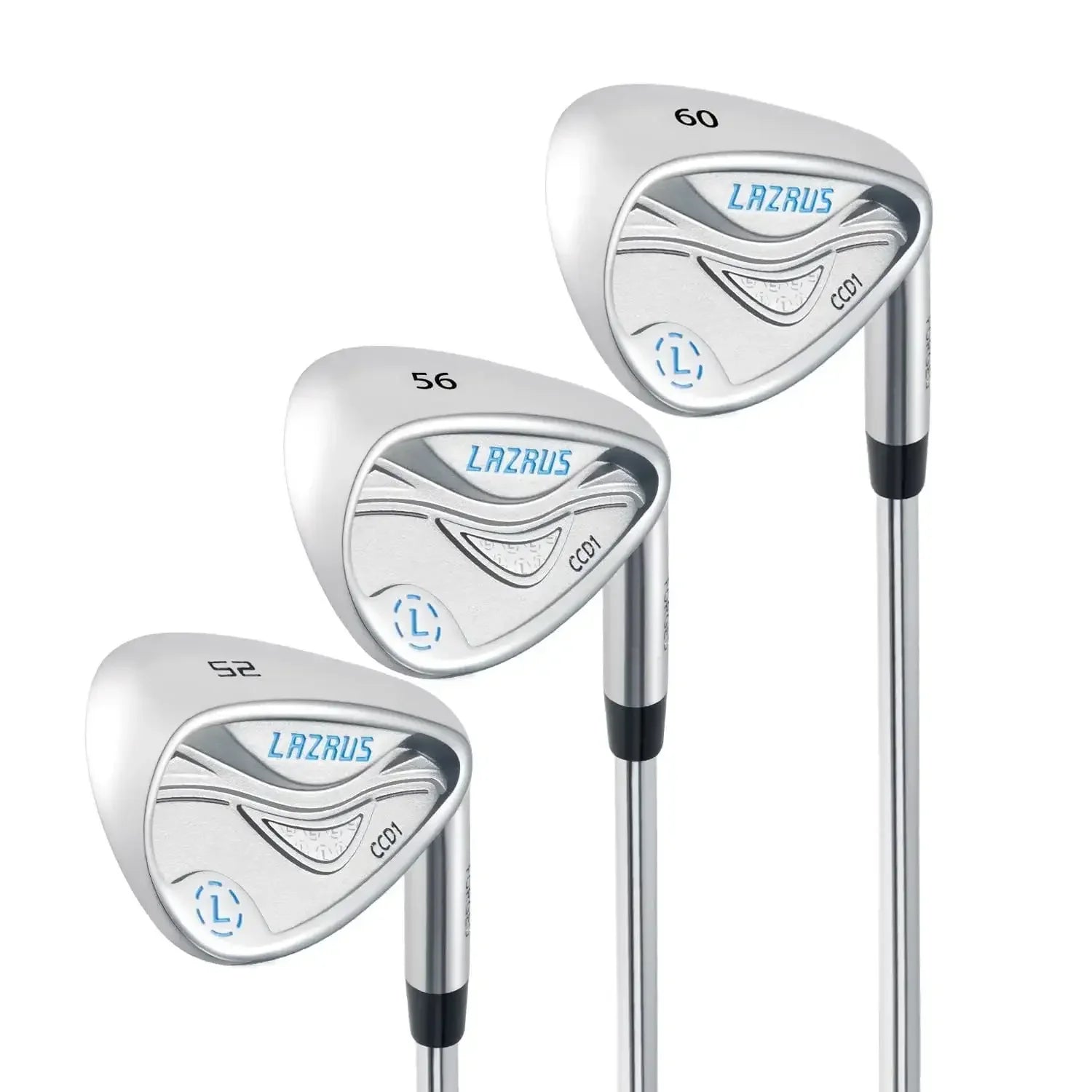 Three Lazrus forged golf cavity back wedges with lofts 52, 56, and 60 degrees shown against white background