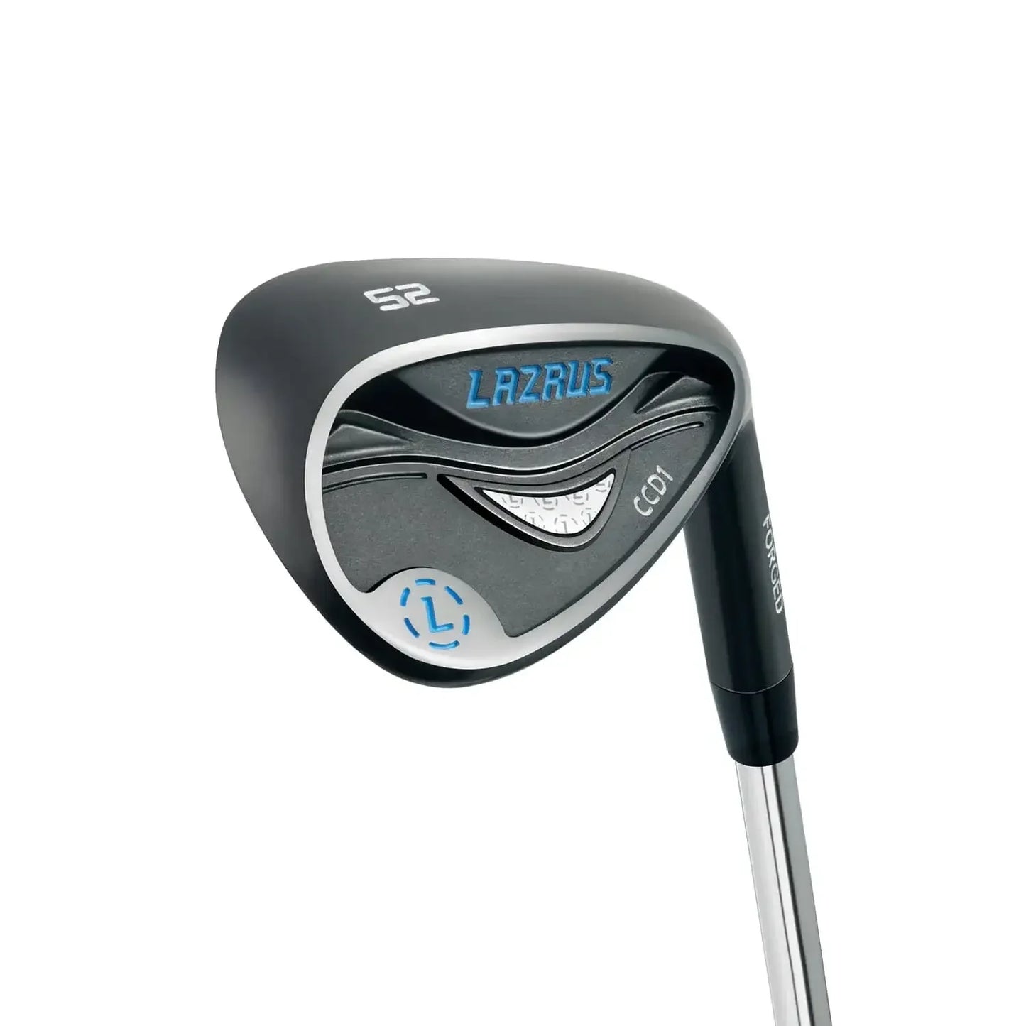 Lazrus forged 52-degree golf wedge with black cavity back design and silver shaft