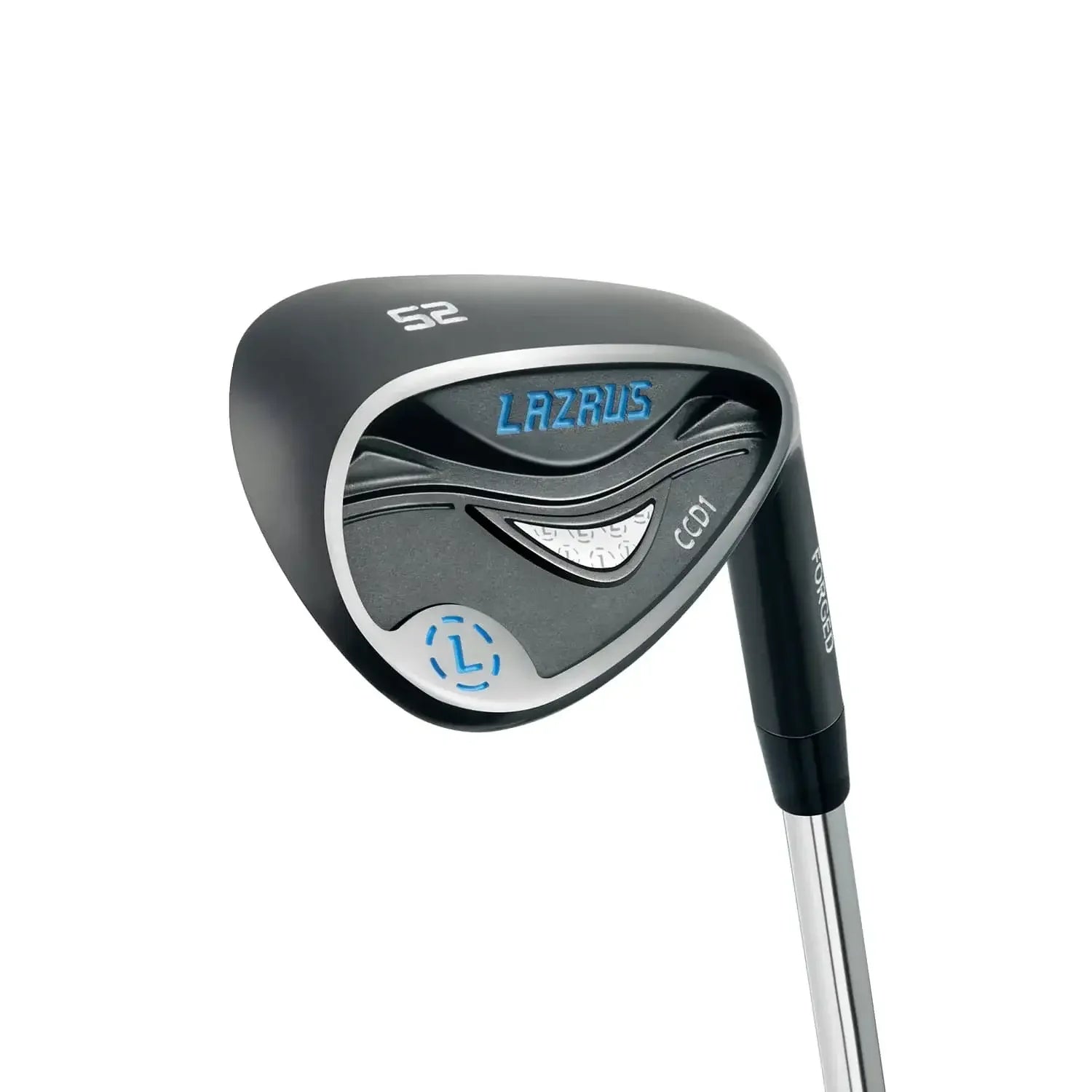 Lazrus forged 52-degree golf wedge with black cavity back design and silver shaft