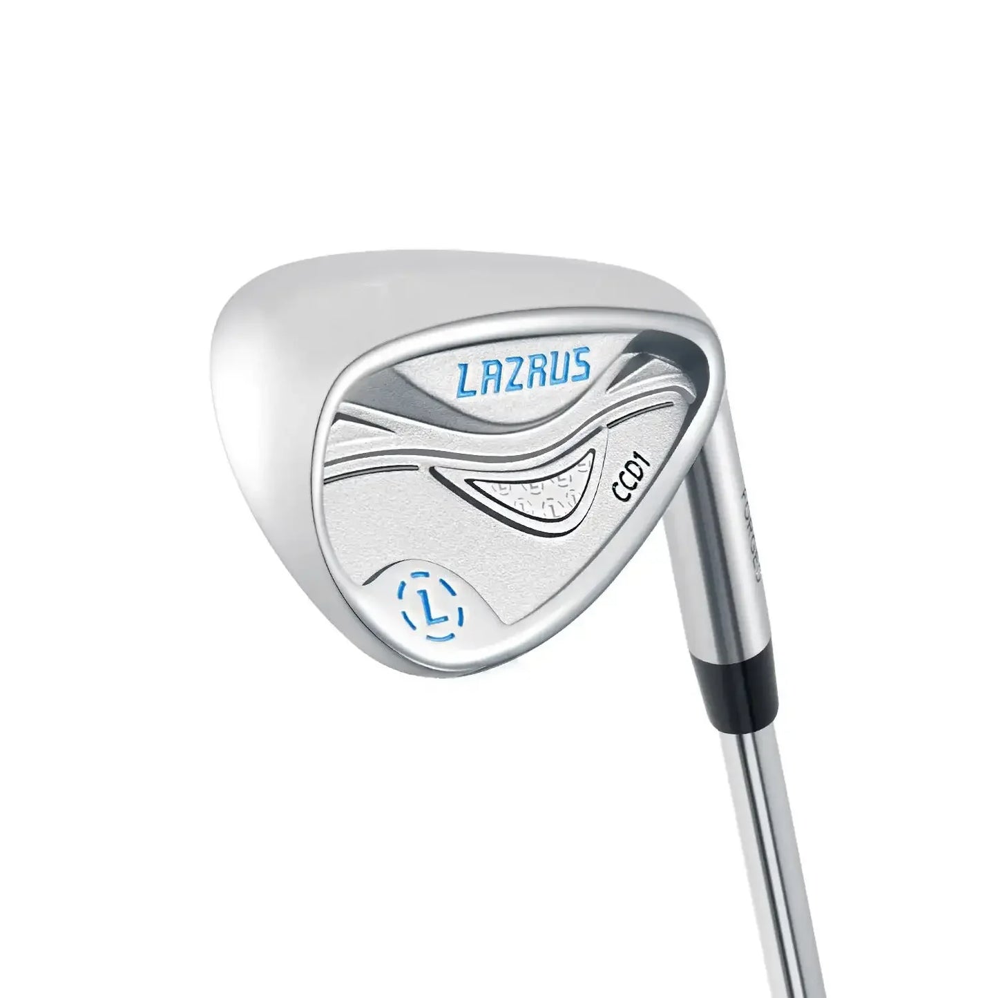 Silver Lazrus golf cavity back wedge club head with blue and black accents on white background