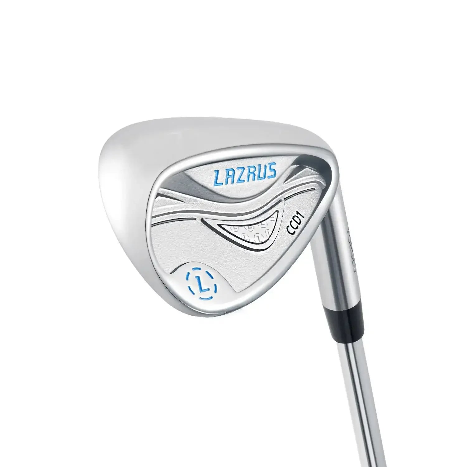 Silver Lazrus golf cavity back wedge club head with blue and black accents on white background