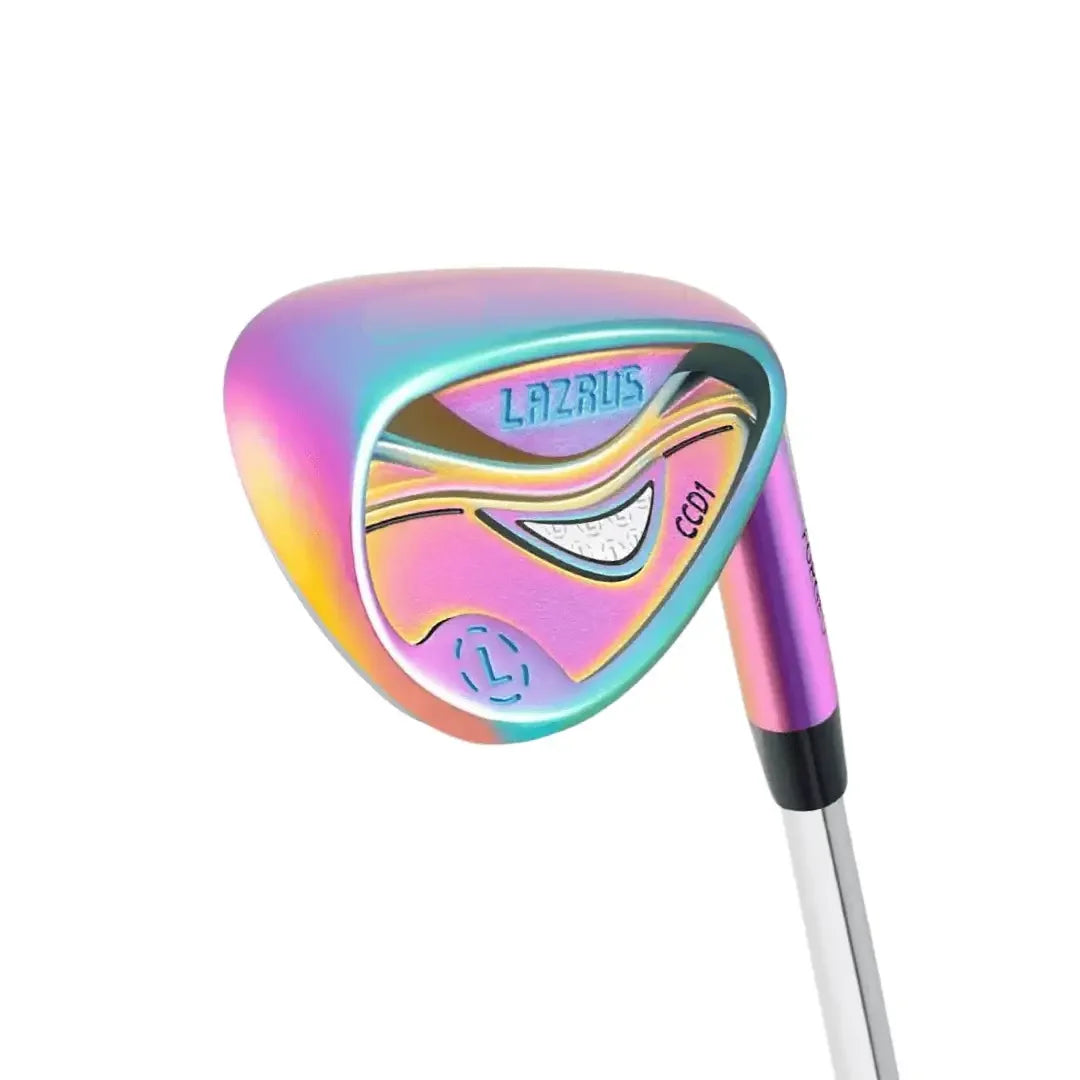 Iridescent Lazrus forged golf wedge club with cavity back design and CC01 marking
