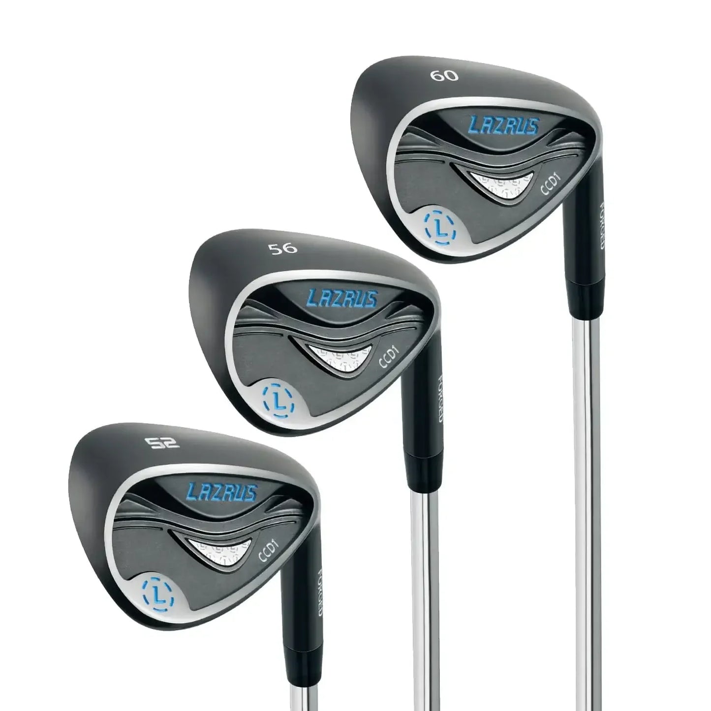 Set of three Lazrus forged golf cavity back wedges with lofts 52, 56, and 60 degrees
