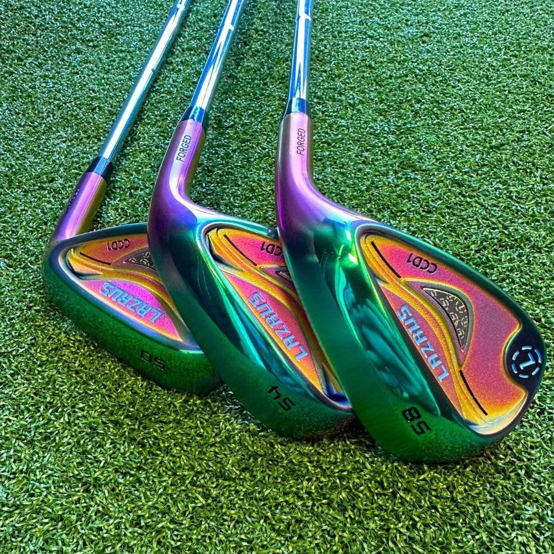 Set of iridescent forged Lazrus golf cavity back wedges on artificial turf