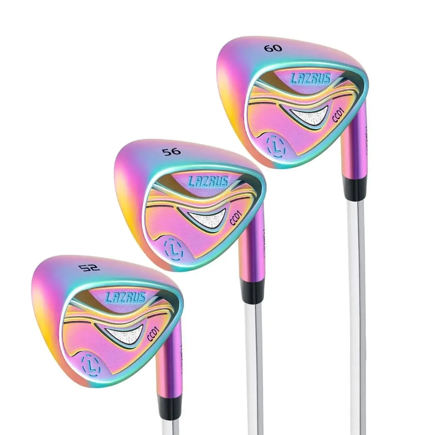 Set of three Lazrus forged cavity back golf wedges in iridescent colors with lofts 52, 56, and 60 degrees