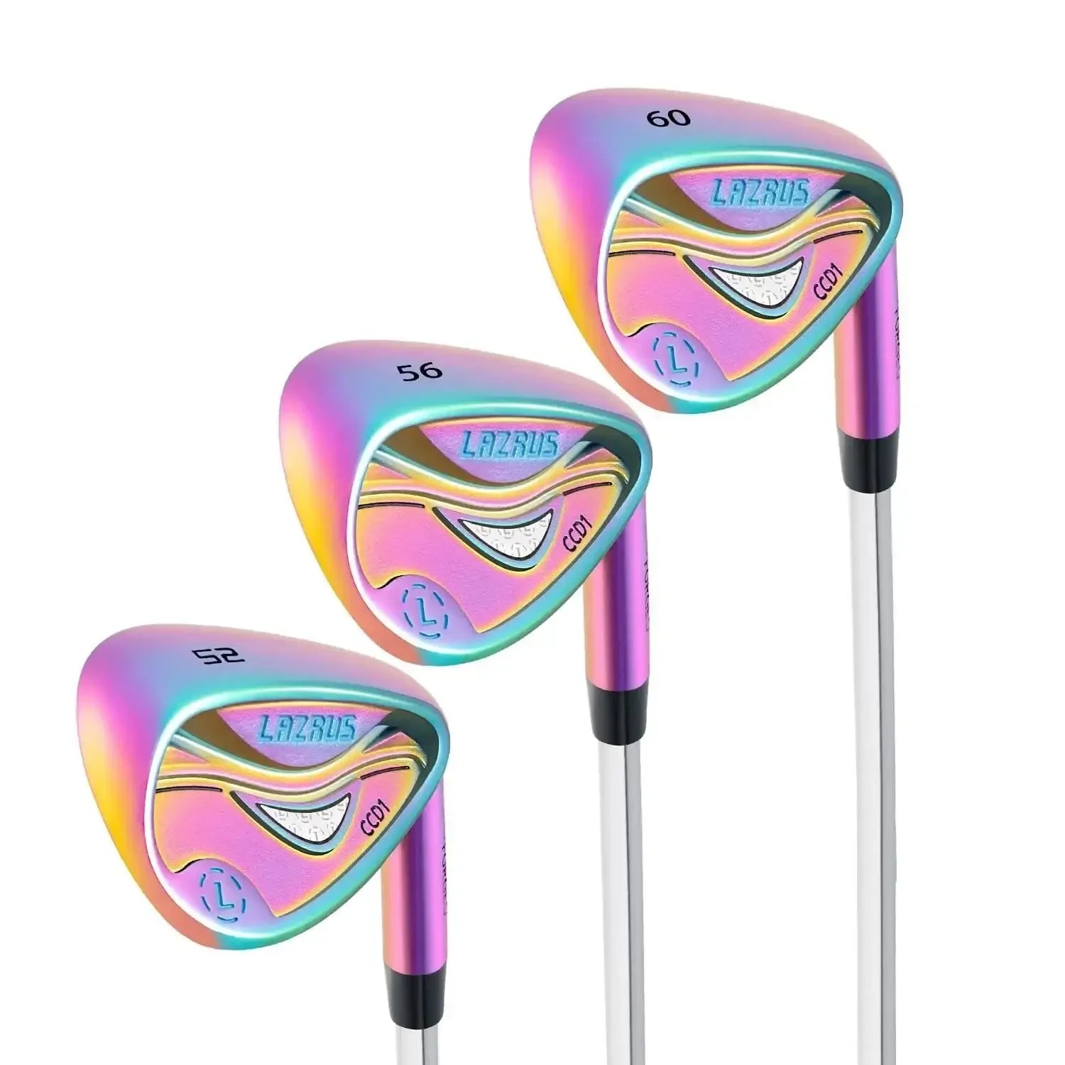 Set of three Lazrus forged cavity back golf wedges in iridescent colors with lofts 52, 56, and 60 degrees