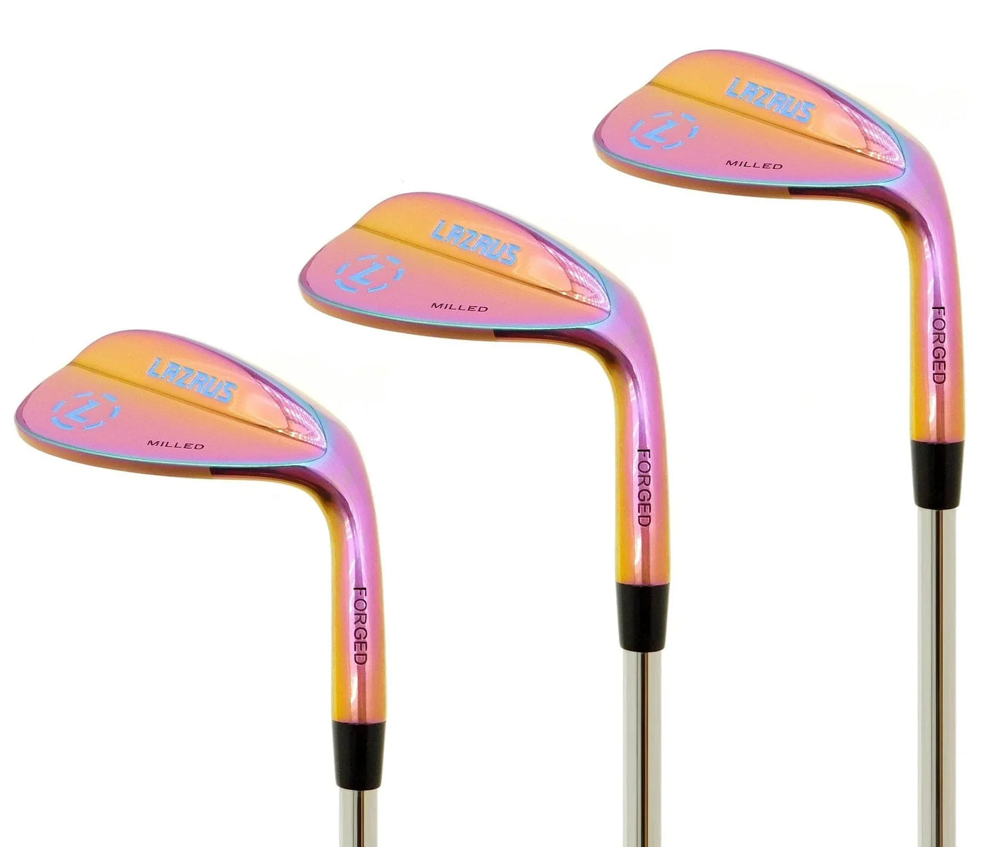 Three iridescent Lazrus milled forged golf wedges with multicolor metallic finish