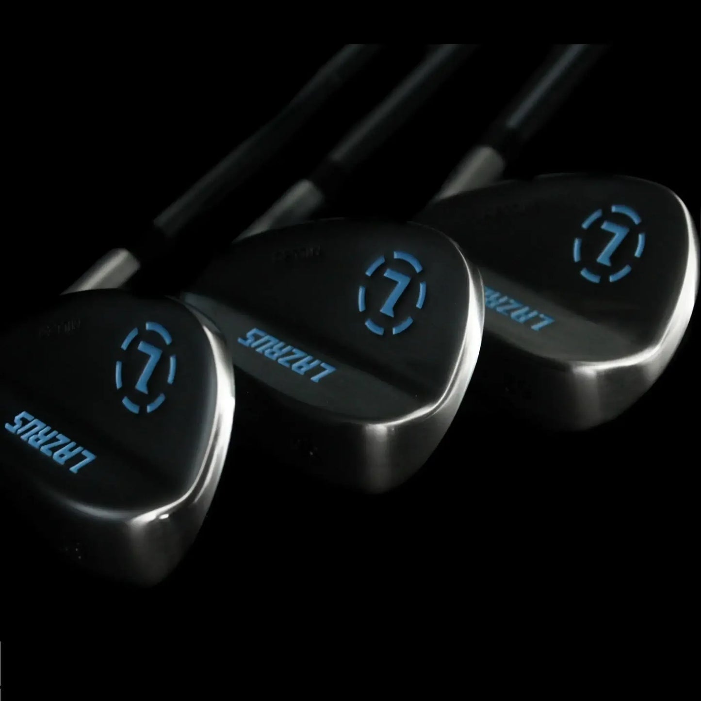Set of Lazrus branded golf clubs with black shafts and blue logo on club heads