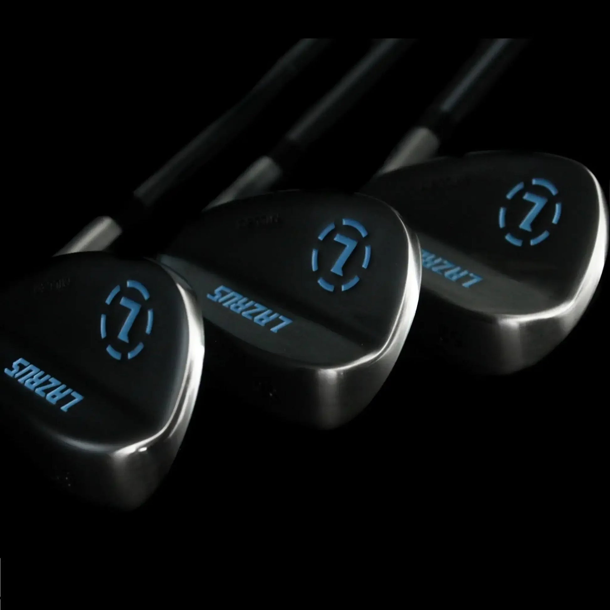 Set of Lazrus branded golf clubs with black shafts and blue logo on club heads