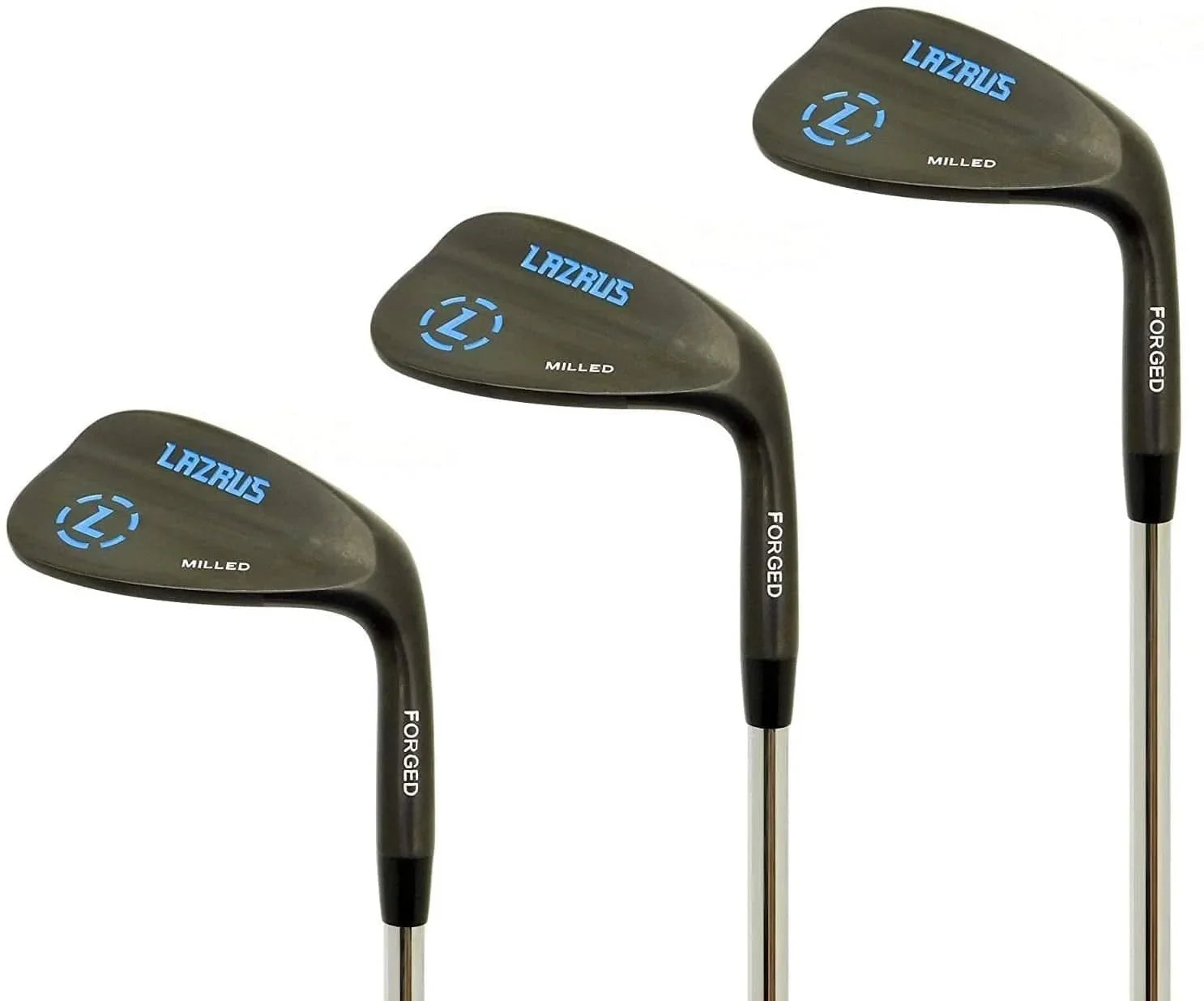 Three Lazrus forged milled golf wedge clubs with black heads and blue branding on white background