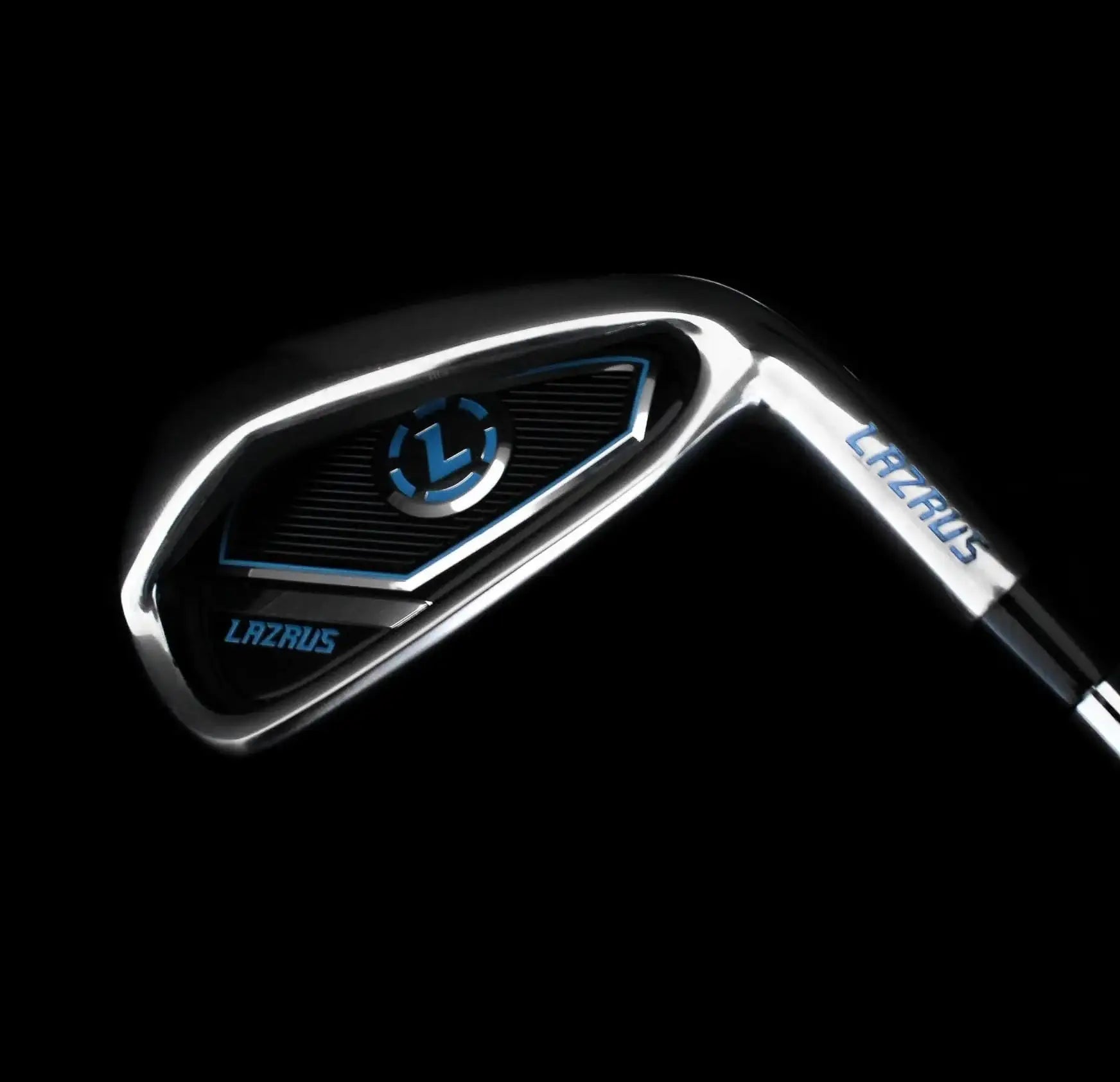 Lazrus branded golf iron club with black and blue details on a black background