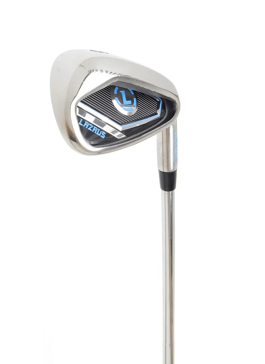 Silver Lazrus golf club iron with black and blue detailing on white background