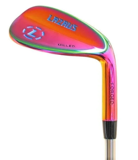 Lazrus milled forged golf wedge with iridescent rainbow finish on a white background