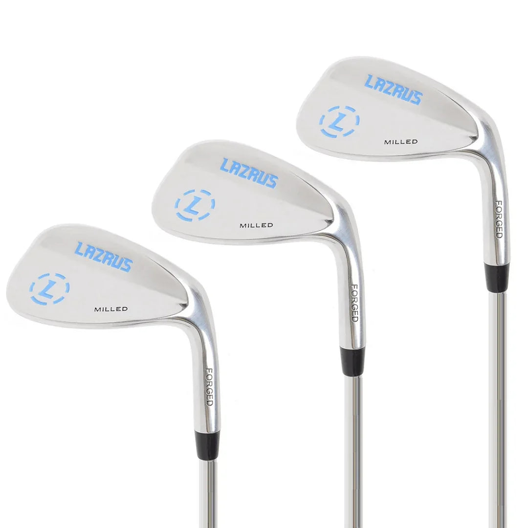 Set of three Lazrus milled forged golf wedges with steel shafts on white background