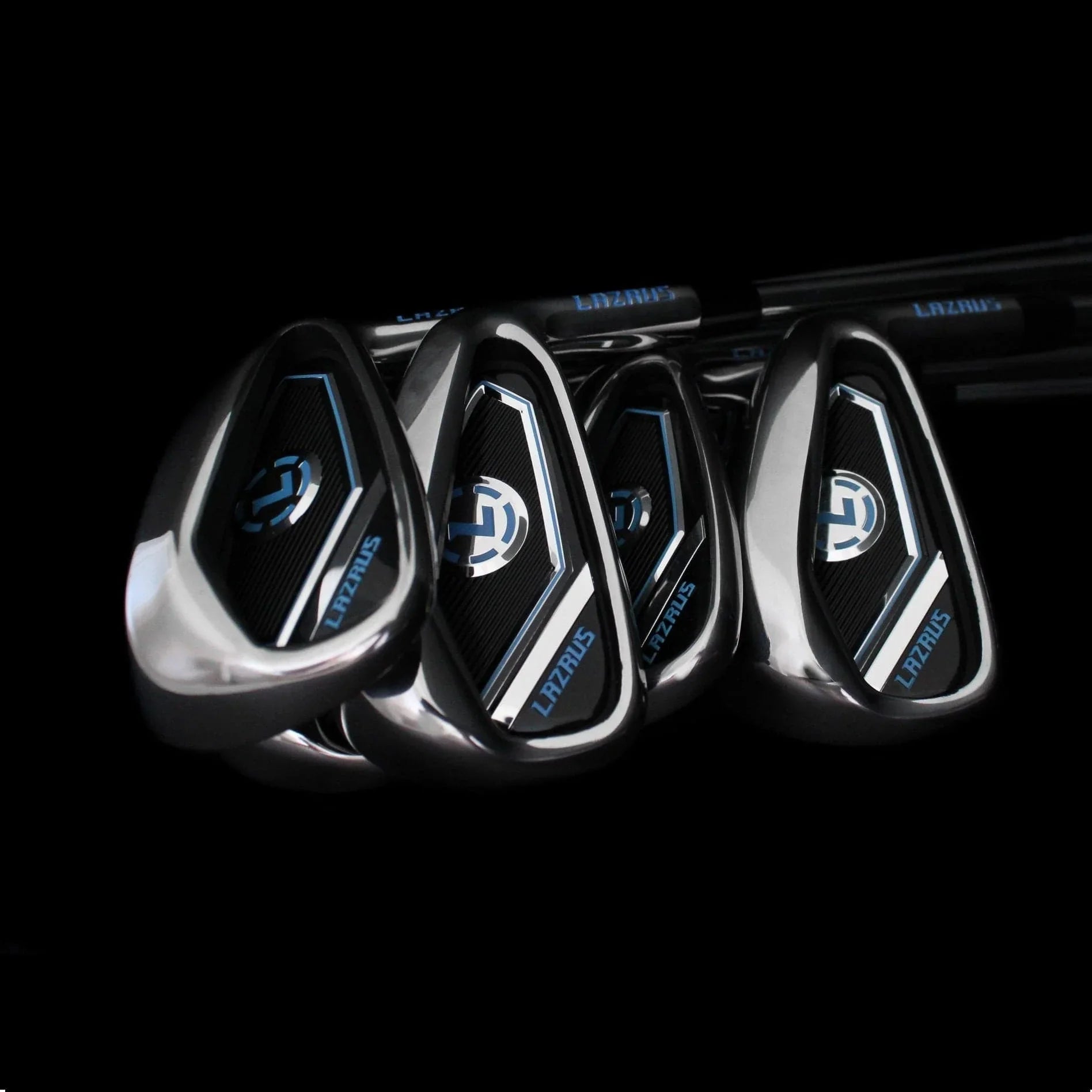 Close-up of Lazrus branded golf iron clubs with black and blue design on black background