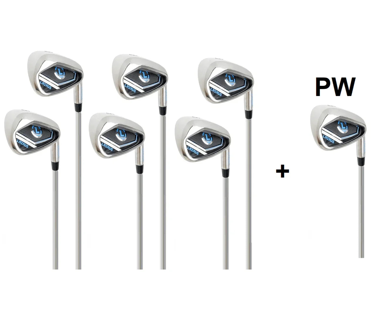 Set of seven Lazarus golf iron clubs and one PW pitching wedge with steel shafts