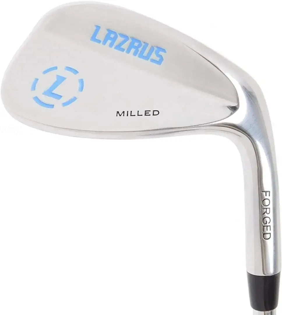 Close-up of Lazrus milled forged golf iron club head with silver finish and blue logo