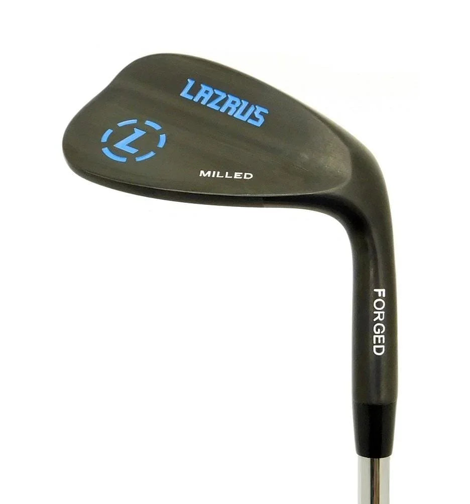 Black Lazrus milled and forged golf wedge club with blue and white branding on white background