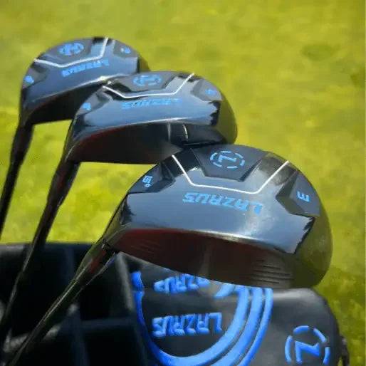 Lazrus golf fairway woods set with black and blue clubheads on green grass, including head covers