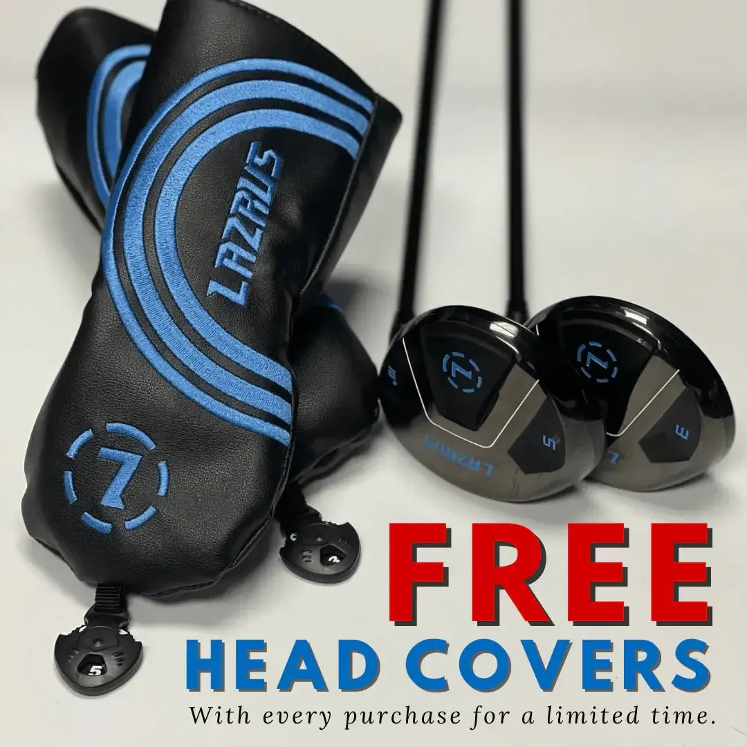 Lazrus golf fairway woods with black and blue head covers and promotional text for free head covers