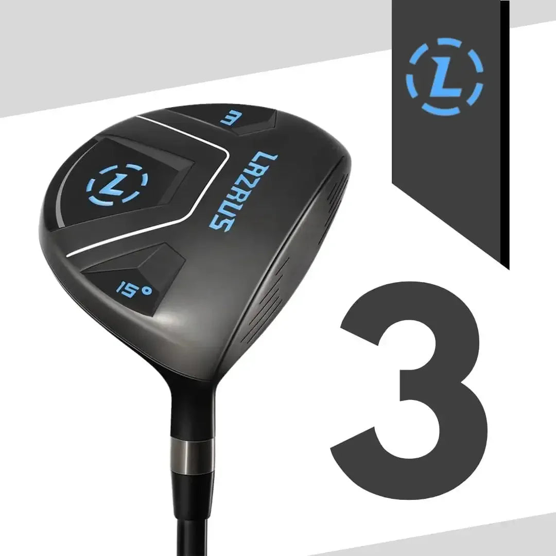 Lazrus 3 wood golf club with 15-degree loft, black with blue and white detailing