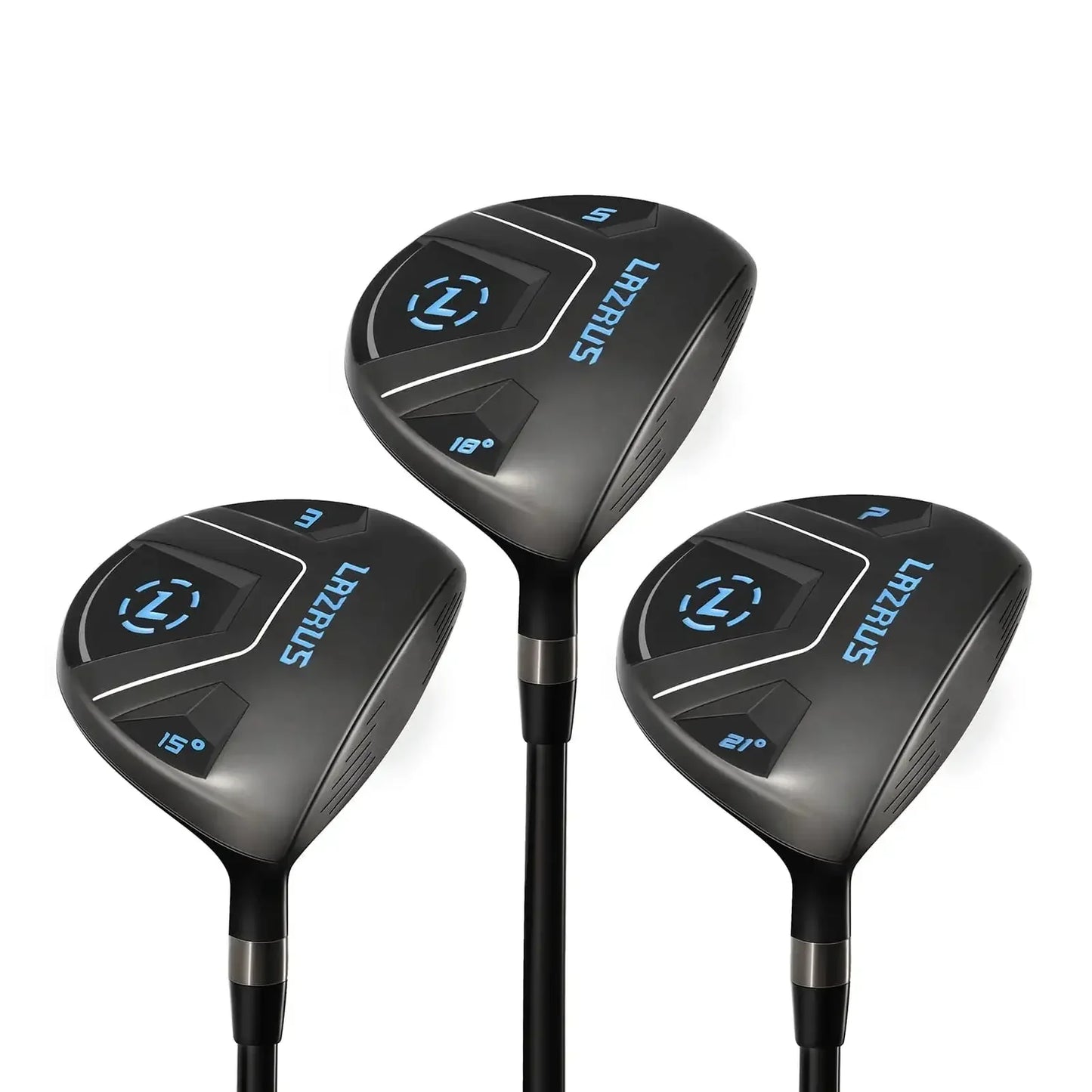 Set of three Lazrus golf fairway woods with 15°, 18°, and 21° lofts in black and blue design