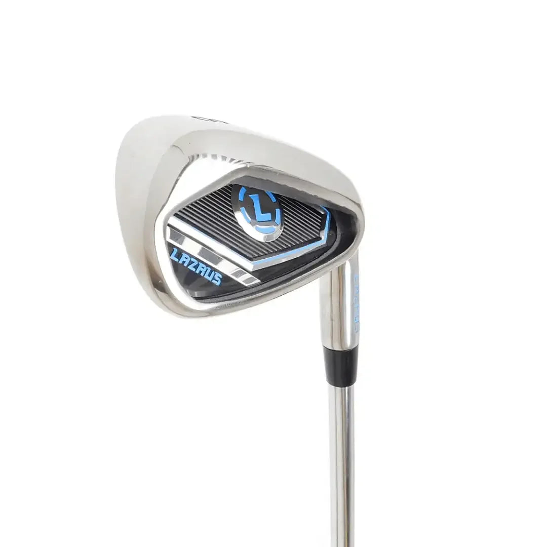 Close-up of Lazarus golf iron club with silver and blue details on white background