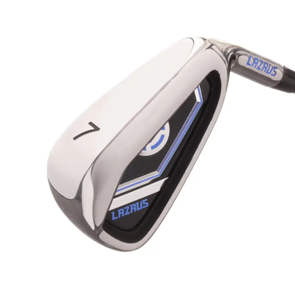 Close-up of Lazrus 7 iron golf club head with black and blue detailing