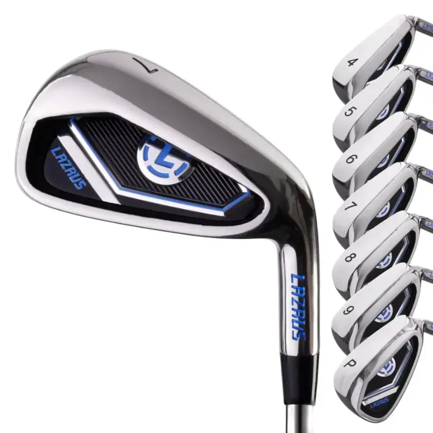 Set of Lazrus golf irons numbered 4 to 9 plus pitching wedge with blue and black detailing