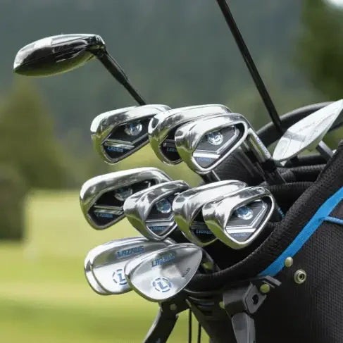 Lazrus golf iron set neatly arranged in black and blue golf bag on green golf course