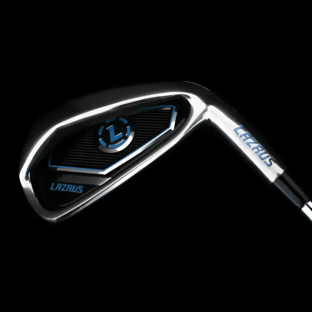 Close-up of Lazrus golf iron club with black and blue detailing on a black background