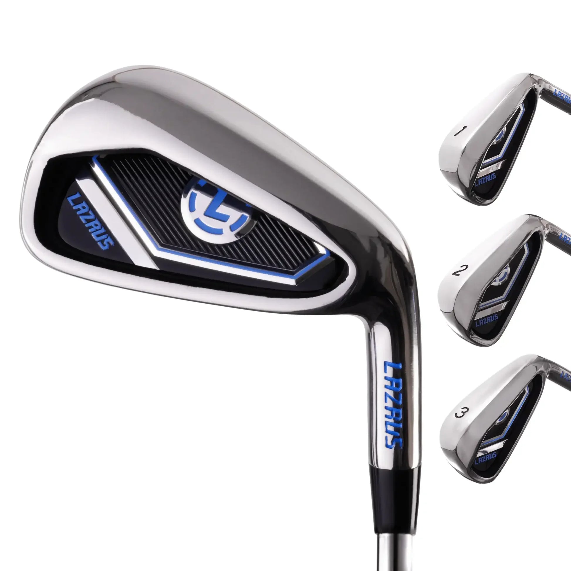 Set of Lazrus Golf brand irons 1, 2, and 3 with metallic finish and blue accents