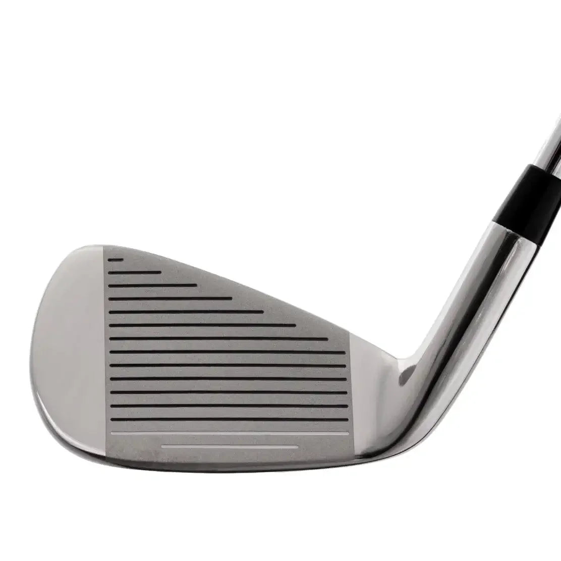 Close-up of a shiny golf iron clubhead with grooves on the polished face against white background