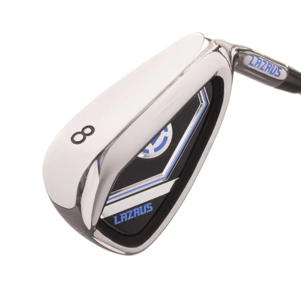 Close-up of Lazrus 8-iron golf club with chrome and black design