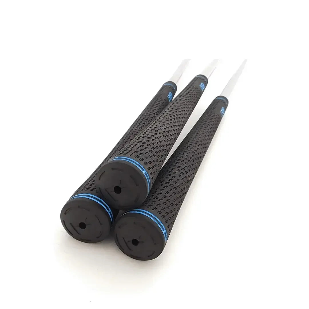 Close-up of three golf club grips with black textured surface and blue rings on white background