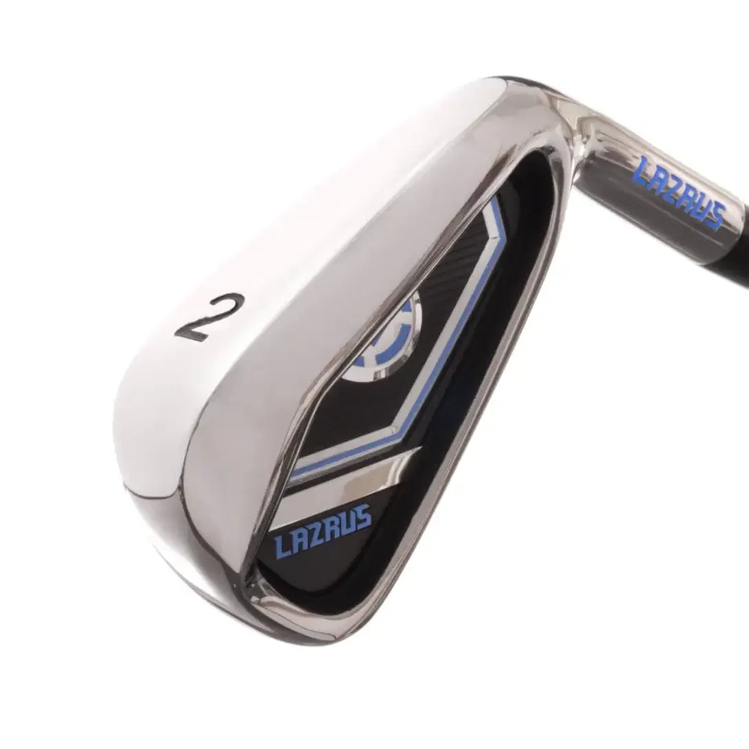 Close-up of Lazrus golf iron club number 2 with silver and black design