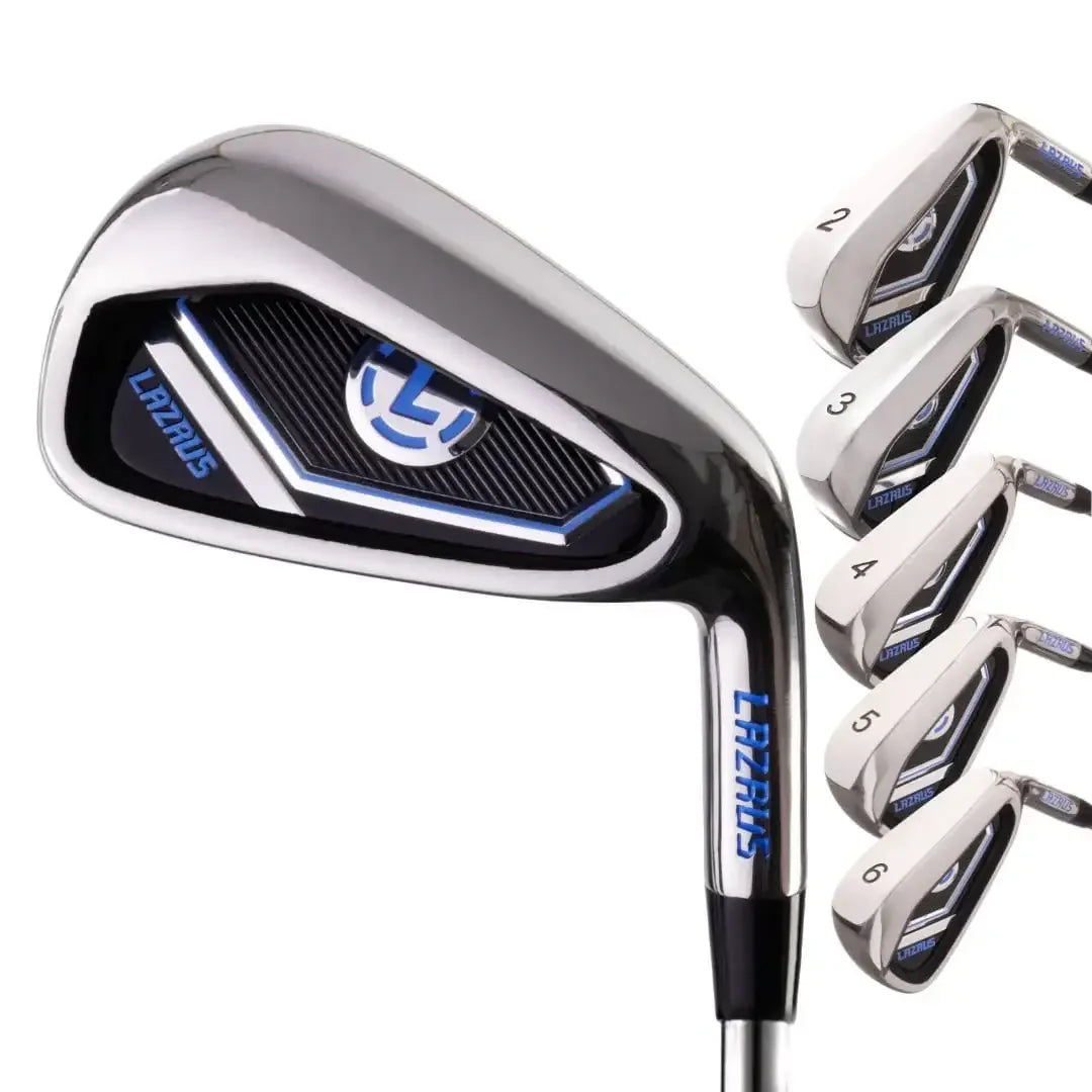 Set of Lazrus golf irons numbered 2 to 6 with chrome finish and blue logo on white background
