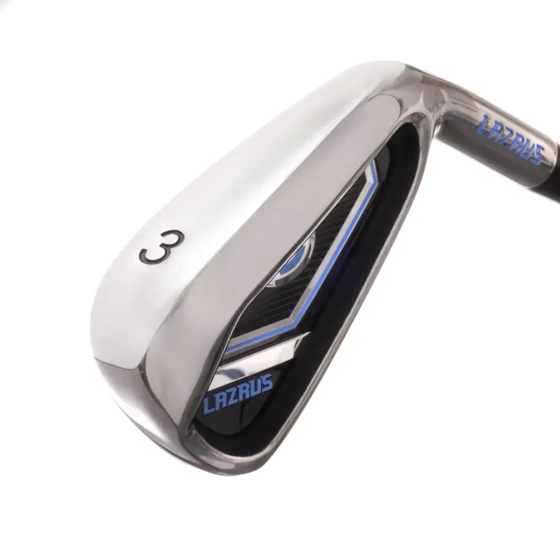 Close-up of Lazrus 3-iron golf club head with silver and black design and blue accents