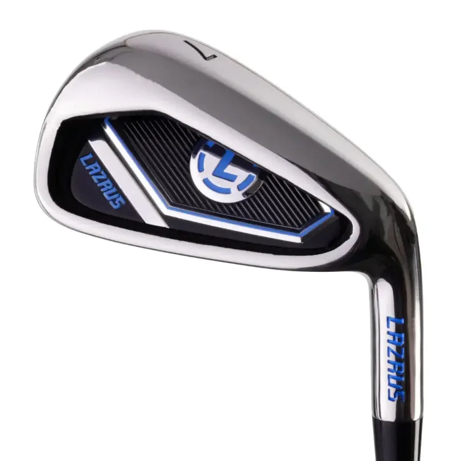 Close-up of Lazrus golf iron club head with blue and black detailing, steel finish