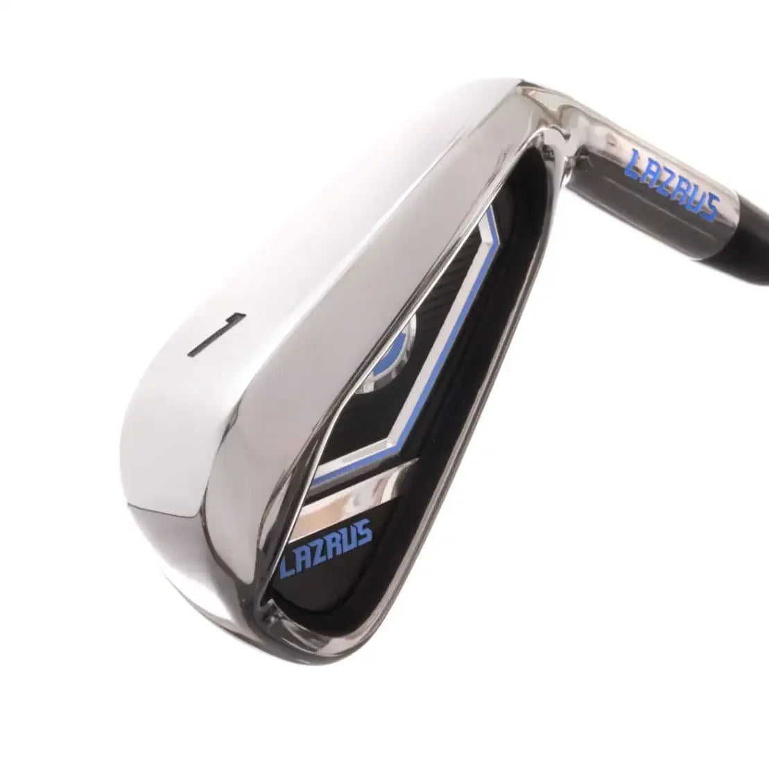 Lazrus golf iron club number 1 with silver and black design and blue logo on shaft and head