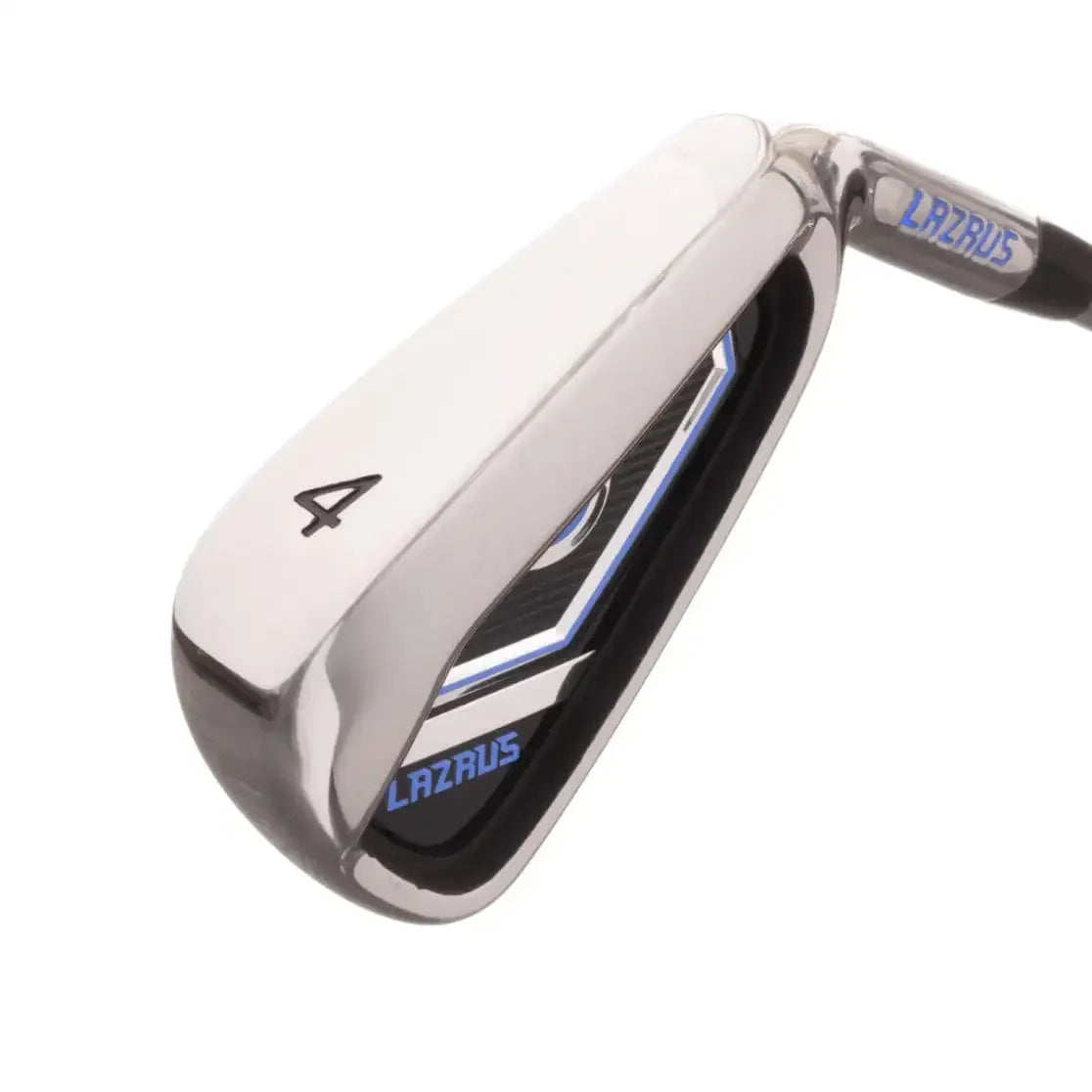 Close-up of Lazrus brand 4 iron golf club with metallic and blue detailing